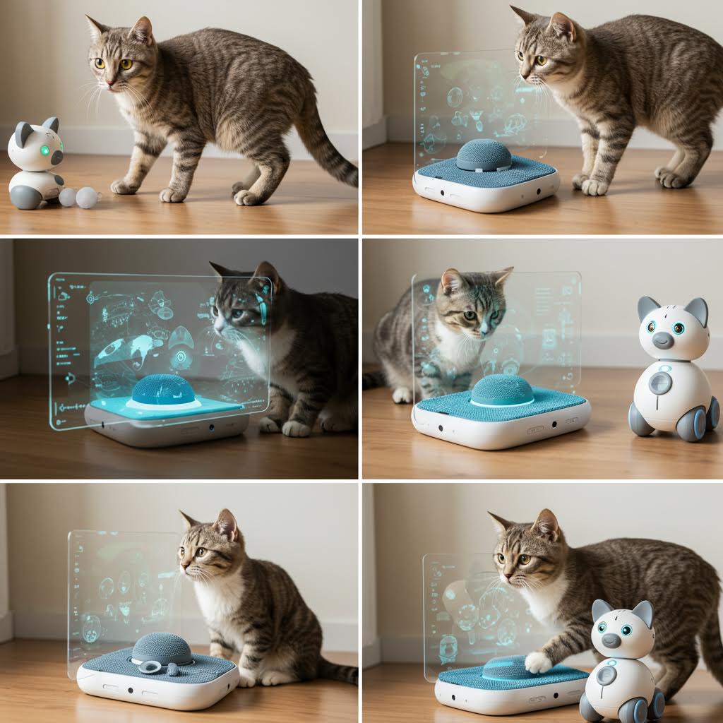스마트 장치와 홀로그램으로 상호작용하는 고양이의 모습