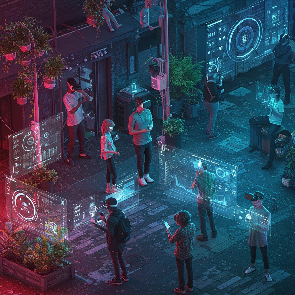 가상 인터페이스와 홀로그램이 떠 있는 거리에서 사람들이 디지털 생태계를 체험하는 미래적 장면