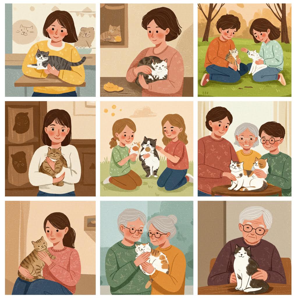 가족과 노인, 아이가 반려동물을 안고 있는 따뜻한 장면으로 세대 간 정서적 교감을 담은 그림
