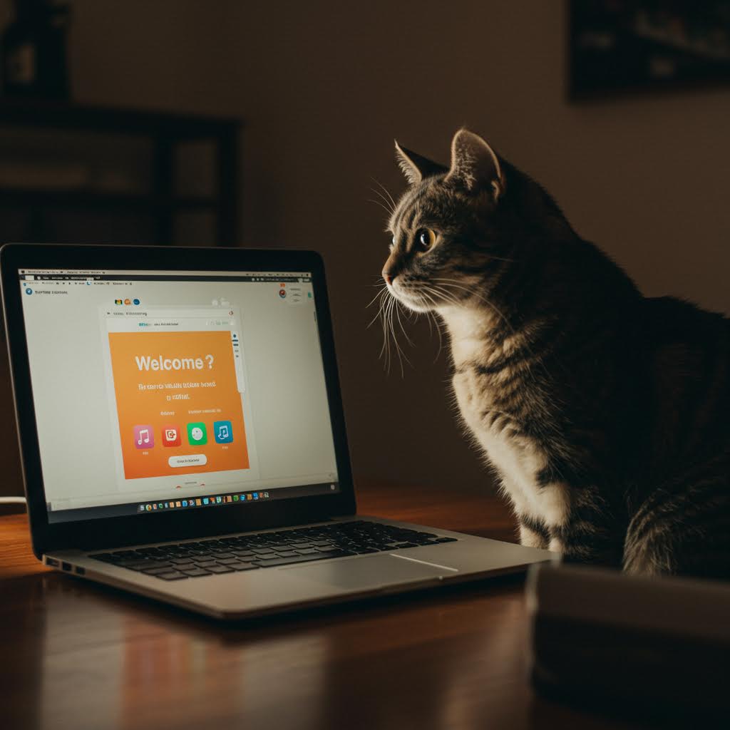 책상 위에 노트북을 바라보는 고양이의 뒷모습이 담긴 장면으로 디지털 반려동물 놀이의 새로운 인터페이스를 상징