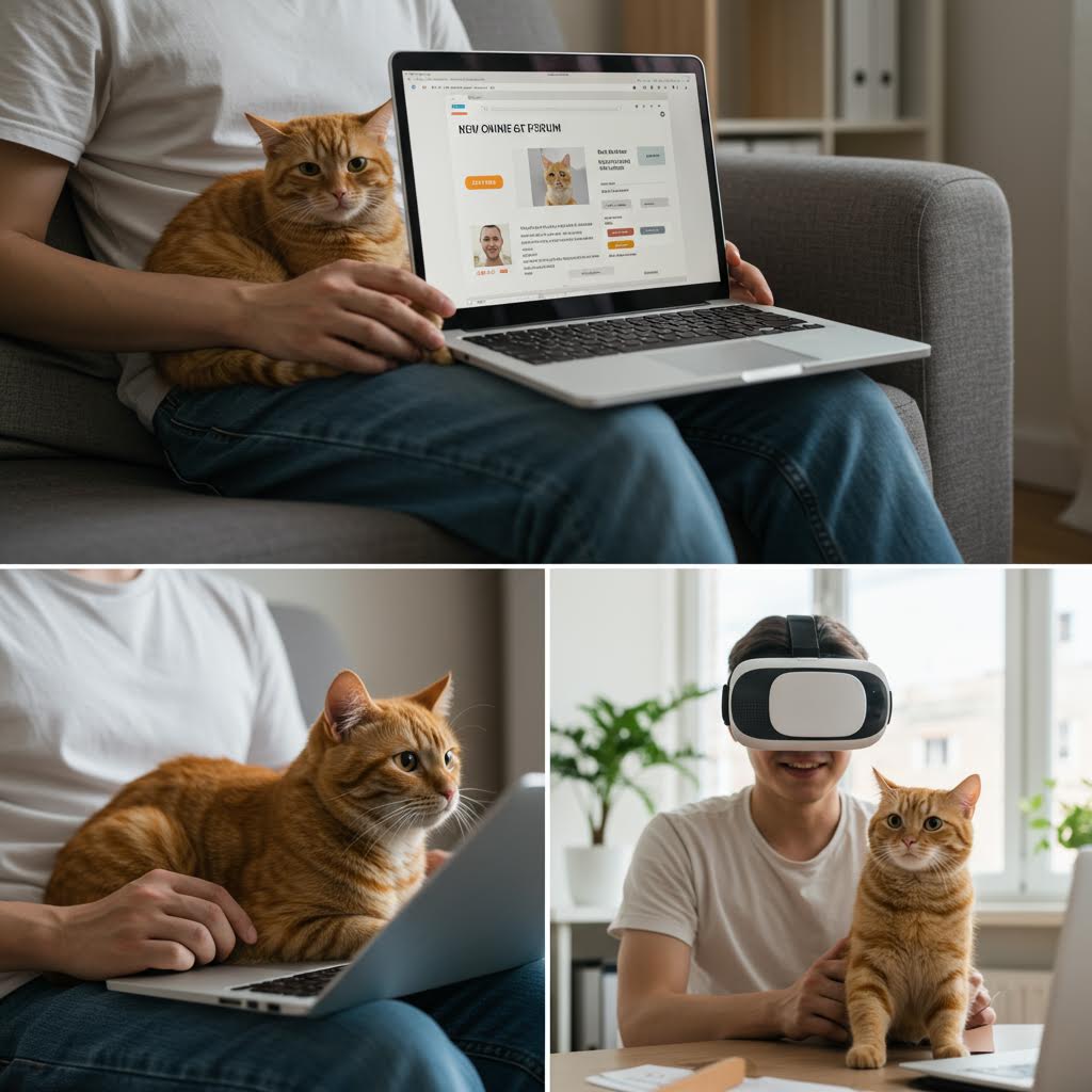 AI고양이와 사람이 함께 노트북과 VR기기를 사용하는 장면으로 반려동물과의 디지털 생활을 상징하는 일상적 구도