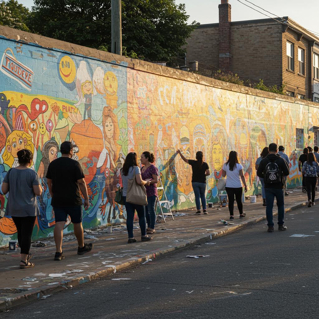 거리 벽화 앞에서 시민들이 함께 그림을 그리고 걷는 장면으로 참여형 커뮤니티의 예술적 유대감을 상징하는 풍경