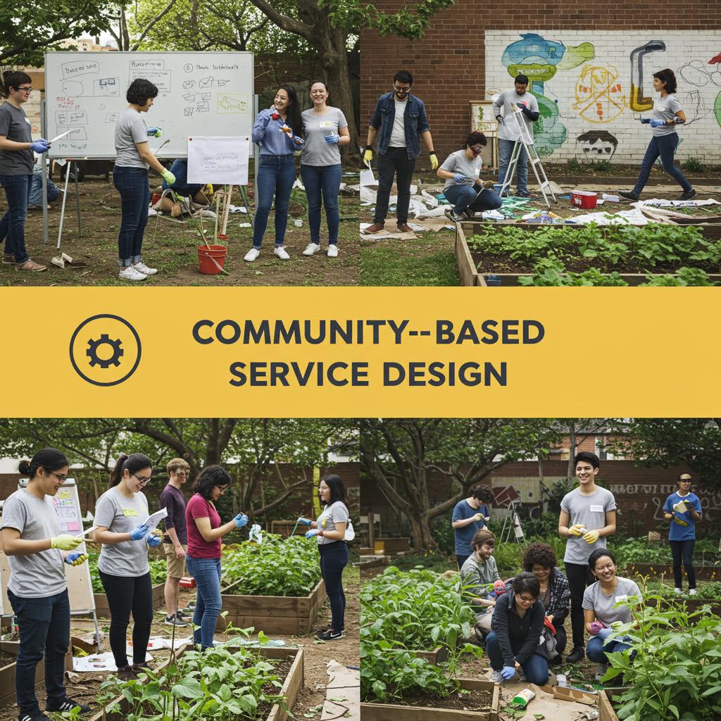 야외 커뮤니티에서 사람들이 함께 참여형 서비스 디자인을 시연하는 장면으로 협력적 실험의 현장