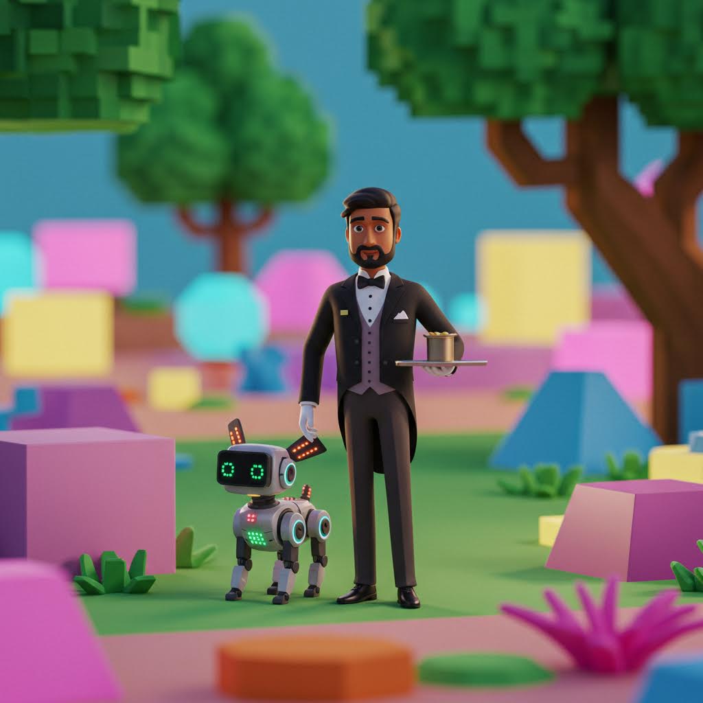 가상 공간 속에서 아바타 인물이 로봇 반려동물과 함께 서 있는 장면으로 디지털 놀이터의 확장된 경험을 표현한 구성