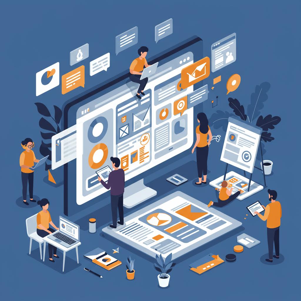 디지털 플랫폼 화면을 중심으로 여러 인물이 인터페이스를 조정하며 반려동물 서비스 UX를 설계하는 장면