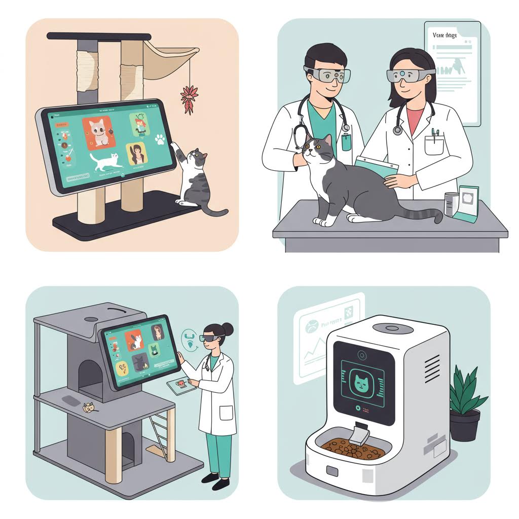 수의사와 반려동물이 함께 있는 진료 장면과 디지털 장비가 결합된 일러스트로 스마트 케어의 미래를 표현한 구성