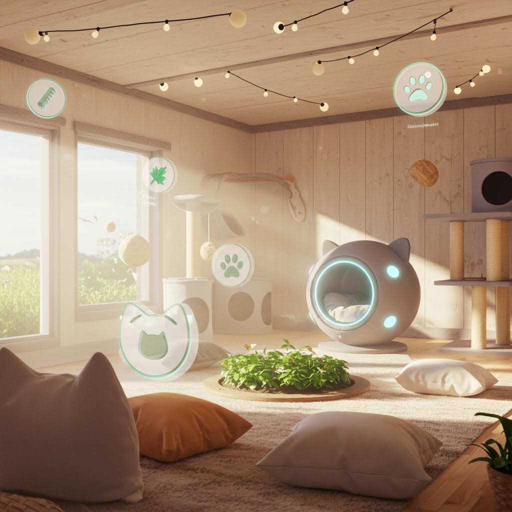 창가의 따뜻한 빛 속에서 디지털 펫 오브젝트가 떠 있는 방의 모습으로 사용자 중심의 감성형 반려동물 공간을 표현한 이미지