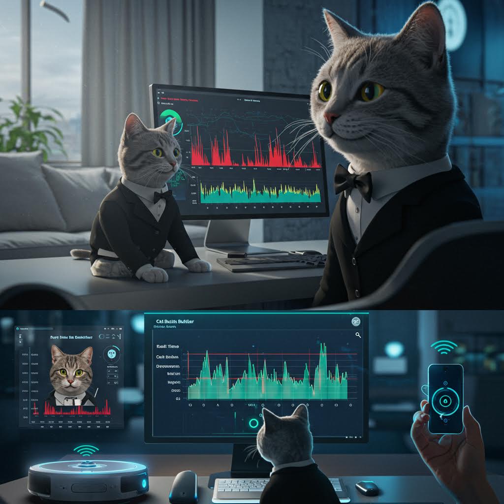 정장을 입은 고양이 아바타가 데이터 그래프를 분석하는 가상 회의 장면으로 감정 분석과 UX 디자인을 상징하는 구도