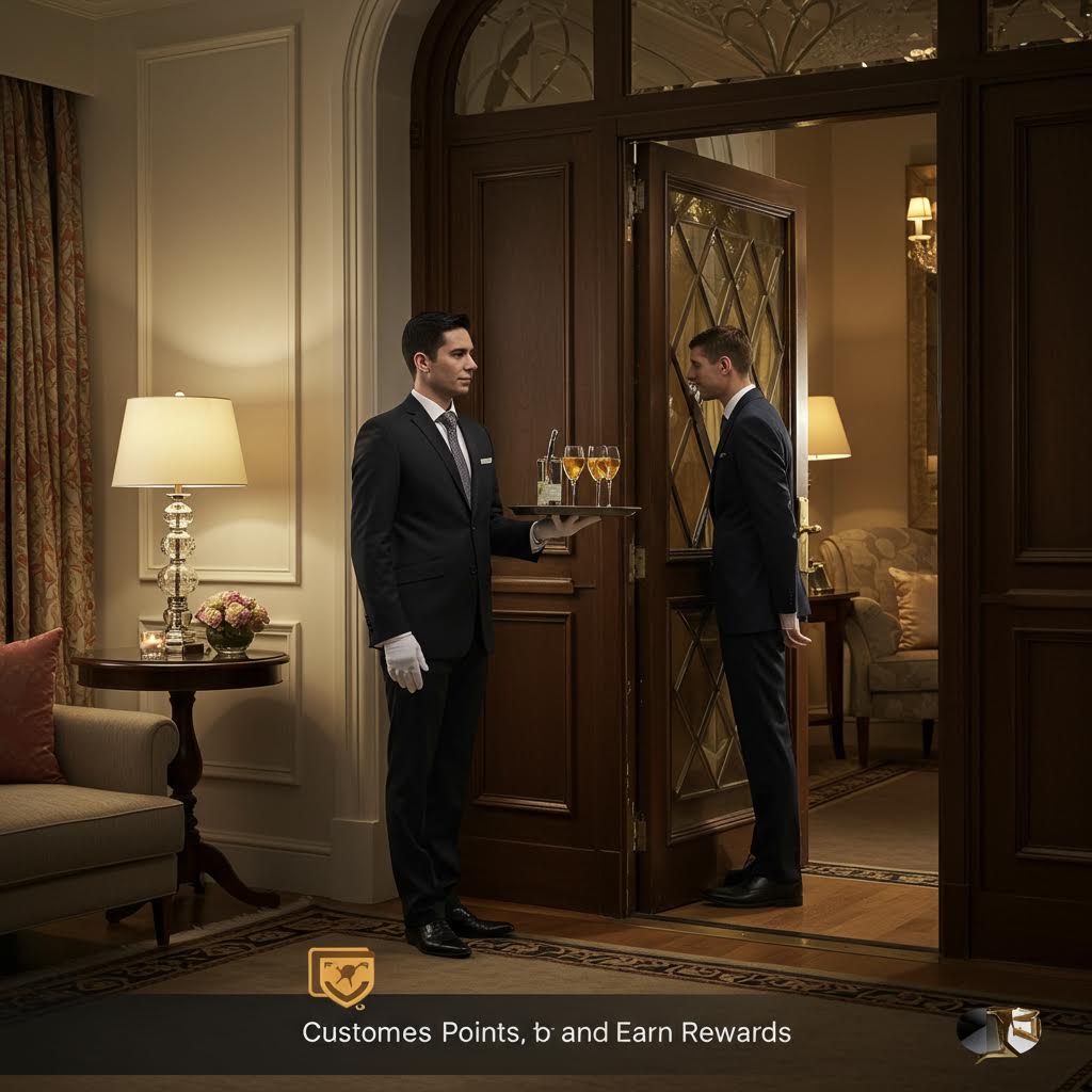 호텔 복도에서 직원이 손님에게 맞춤형 서비스를 제공하는 장면으로 현실 세계의 프리미엄 경험을 시각화한 이미지