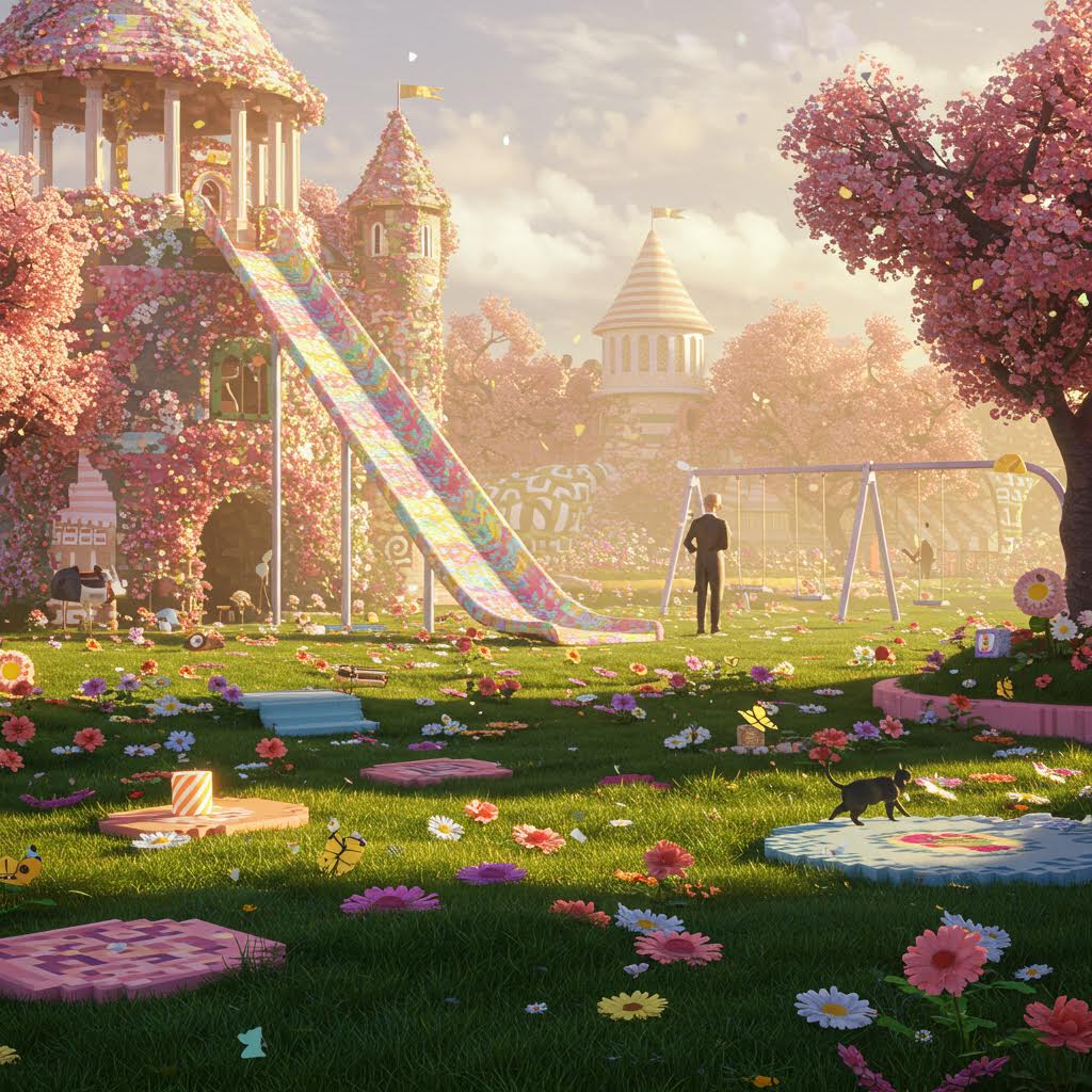햇살 가득한 정원 속 놀이터에서 반려동물과 사람이 함께 어우러지는 감성형 커뮤니티의 일러스트 이미지