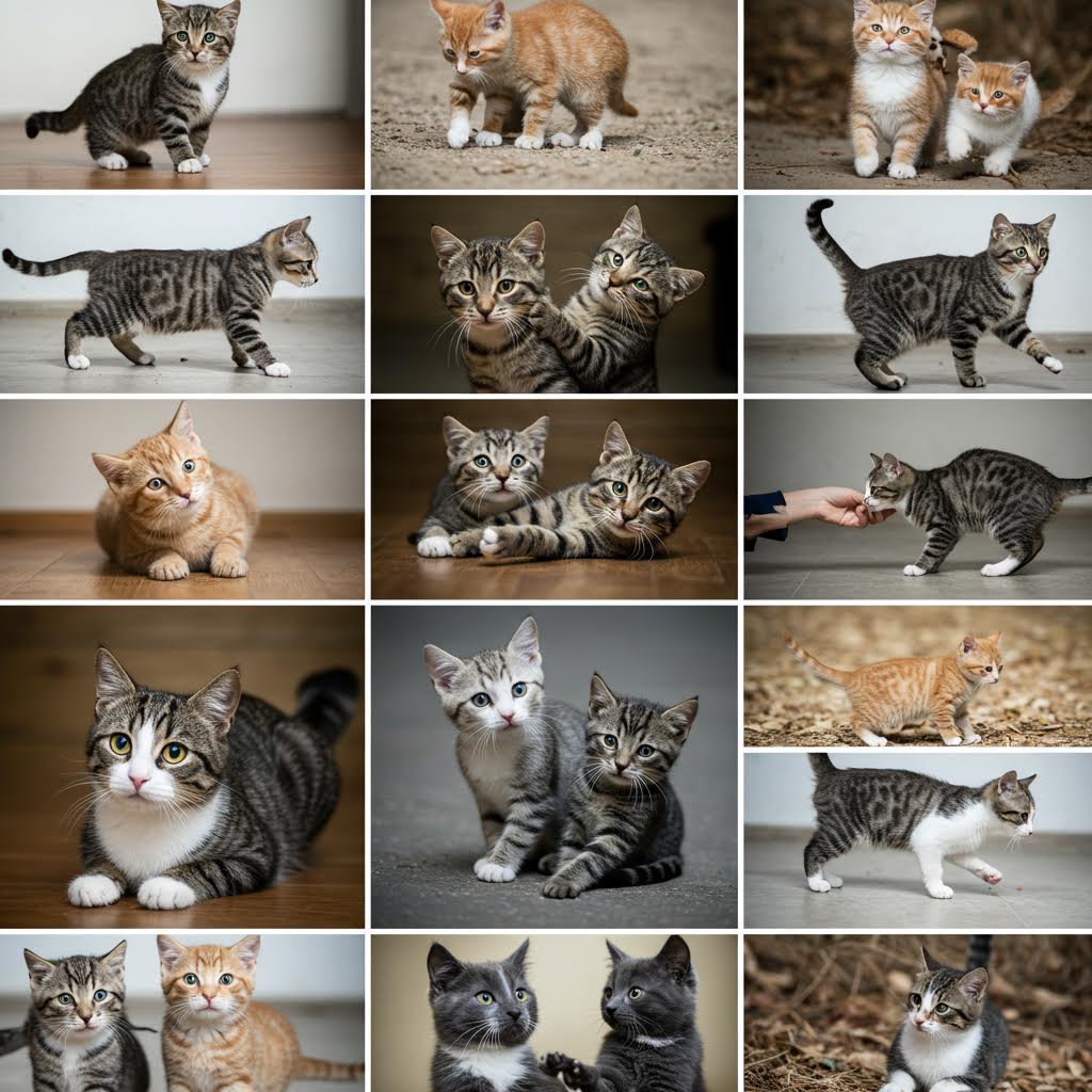 여러 고양이의 포즈와 표정을 기록한 사진 배열로 반려묘 행동 데이터를 시각적으로 보여주는 분석 자료