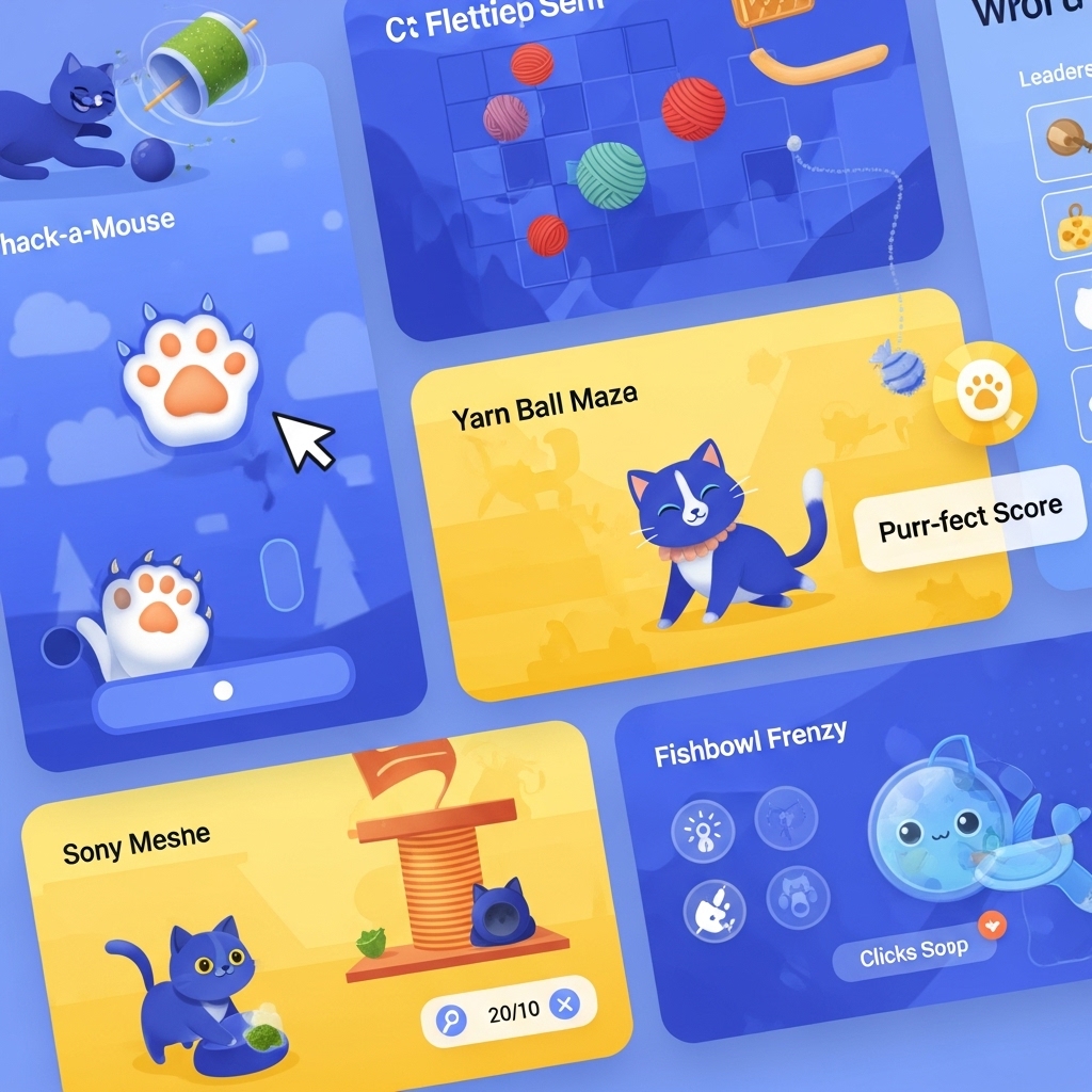 밝은 색감의 인터페이스 속 귀여운 고양이 아이콘과 놀이 요소들이 결합된 디지털 반려동물 플랫폼의 화면 구성