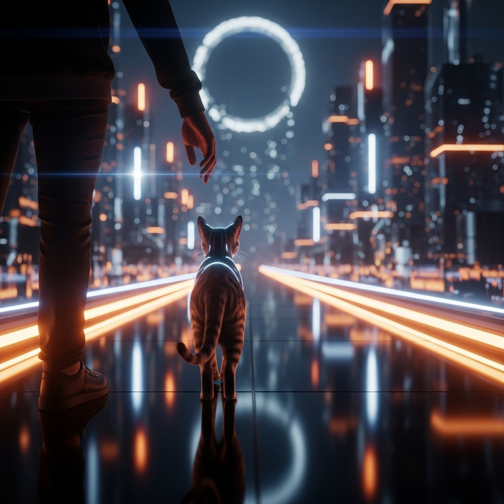 미래적 조명 속 고양이가 도시의 빛나는 거리 위를 걸으며 디지털 여정의 시작을 상징하는 감각적인 장면