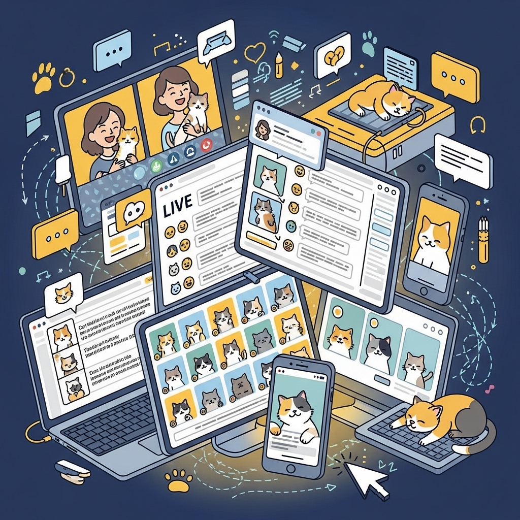 노트북과 스마트기기를 통해 사람들이 실시간으로 연결되어 커뮤니티 내 소통과 교류가 확장되는 디지털 공간