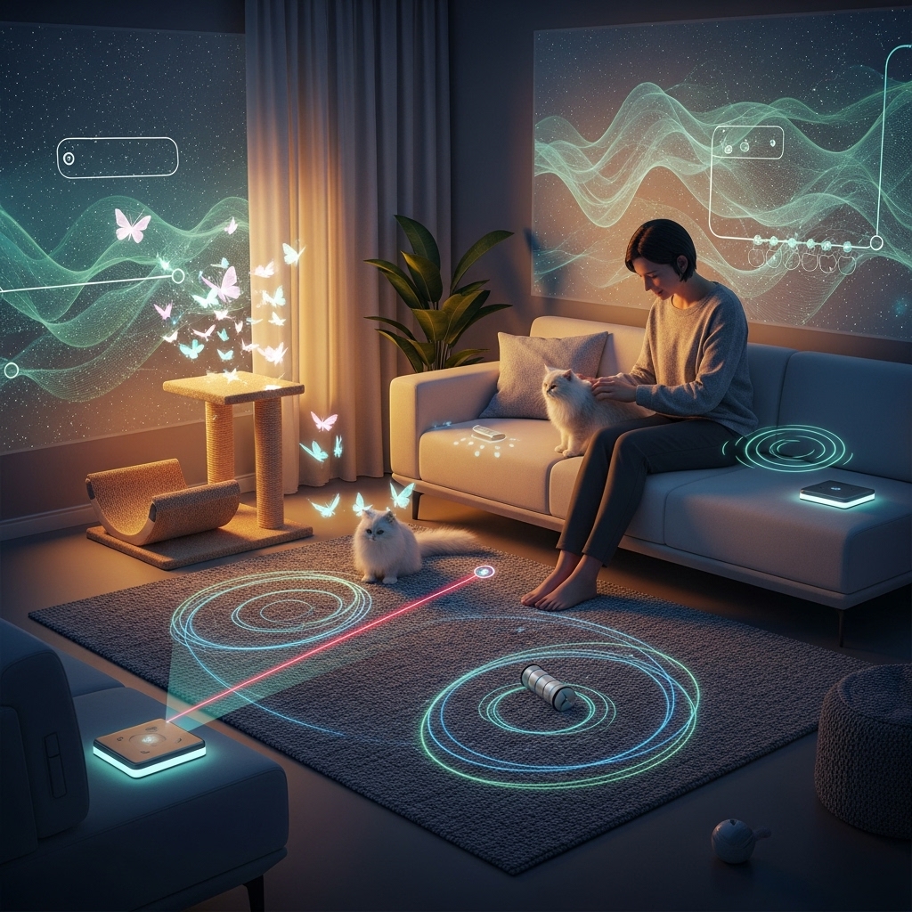 홀로그램이 펼쳐진 거실에서 사람이 앉아 데이터를 조작하며 온라인 상호작용의 새로운 소통 방식을 표현한 장면