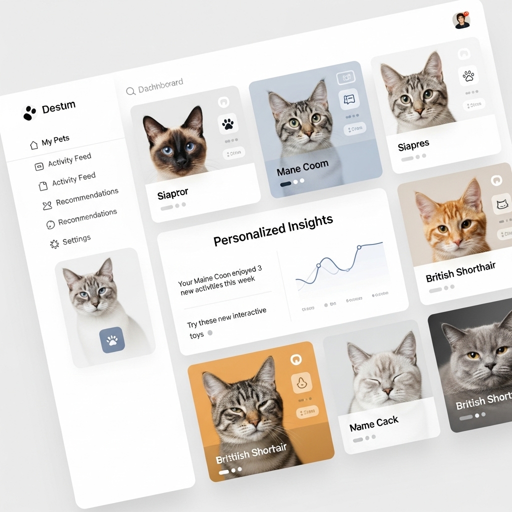 고양이 사진과 데이터 그래프가 결합된 화면이 반려동물의 건강과 행동을 분석하는 디지털 관리 시스템의 구조