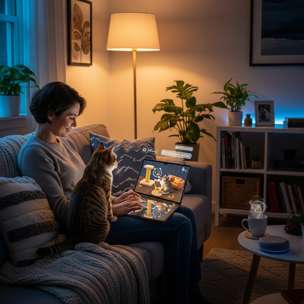따뜻한 조명 아래 노트북을 보는 사람 곁에 고양이가 앉아 있으며 디지털 일상 속 반려와의 교감이 확장되는 순간
