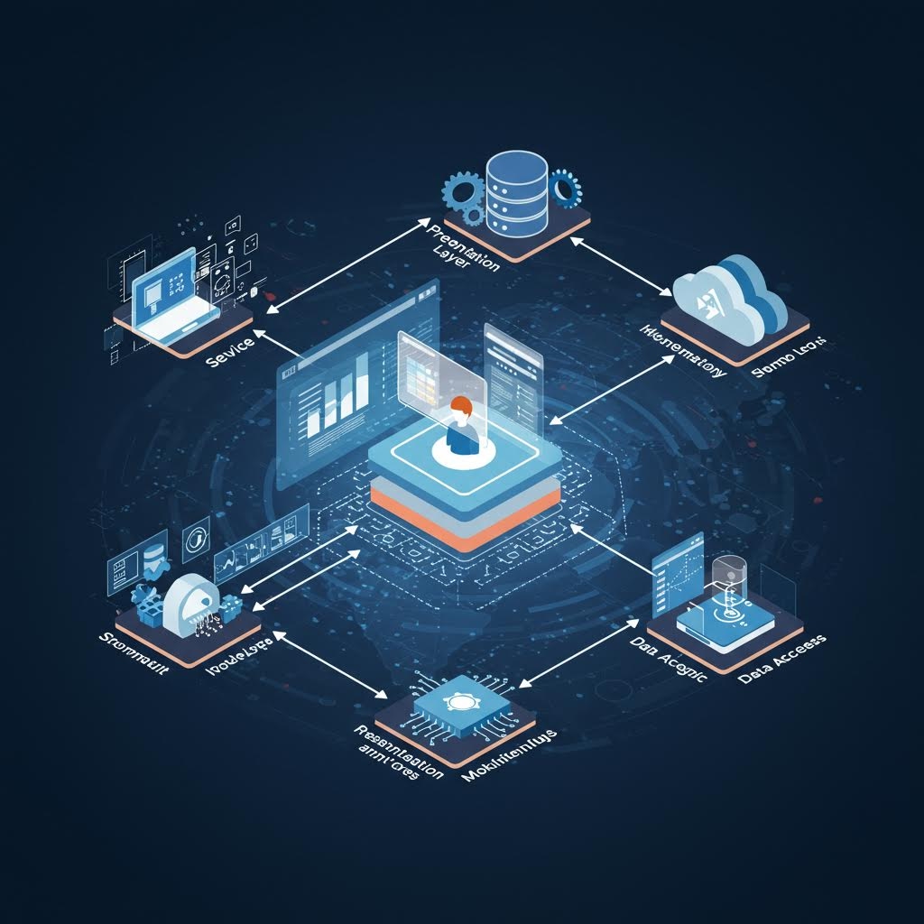 중앙 플랫폼을 중심으로 데이터와 클라우드 요소가 연결된 구조를 입체적으로 표현한 기술 다이어그램의 모습