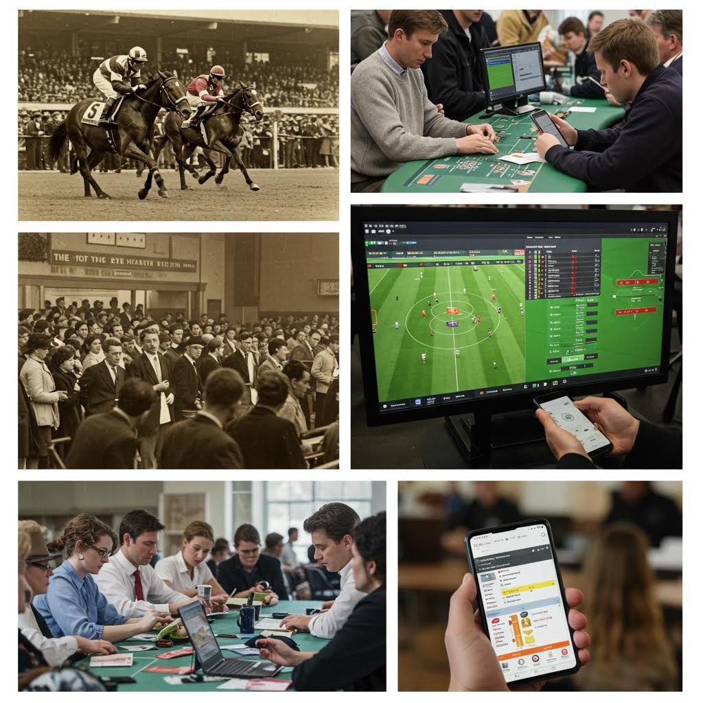 경마 장면, 북적이는 베팅 창구, 테이블에서 회의처럼 모여 분석 중인 사람들, 실시간 경기 화면을 휴대폰과 모니터로 확인하는 모습까지 다양한 시대와 공간의 베팅 관련 상황이 하나의 화면에 나란히 배치된 이미지