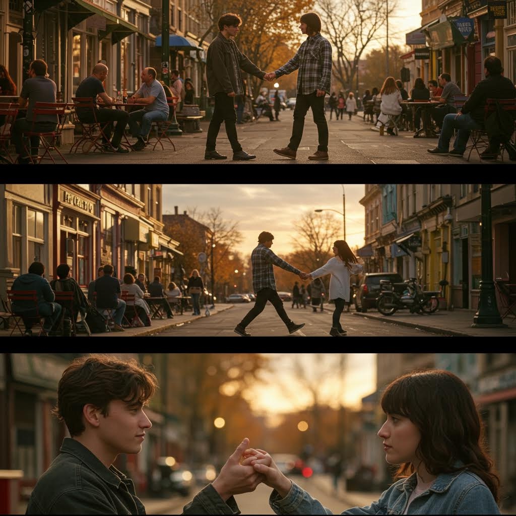 노을빛이 감도는 거리에서 서로 손을 맞잡은 인물들의 세 장면이 하나로 이어져 주변 카페와 가로수 풍경과 함께 잔잔한 흐름을 이루는 순간
