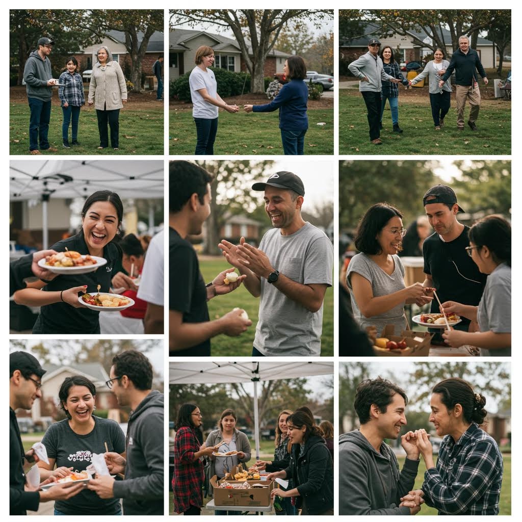 사람들이 음식을 나누고 담소를 즐기며 작은 테이블 주변에서 자연스럽게 관계를 쌓아가는 일상의 순간들로 구성된 배열