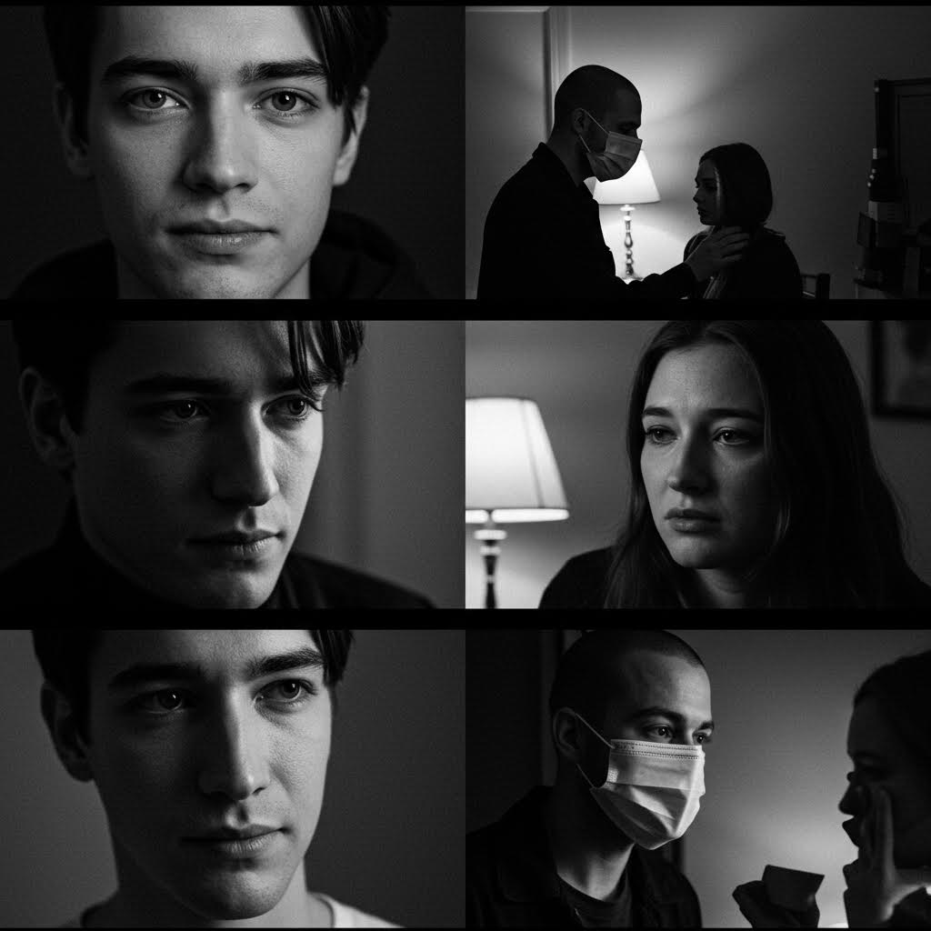 흑백 톤으로 촬영된 여러 인물의 얼굴이 서로 다른 감정으로 클로즈업되어 있으며, 한 컷에서는 남성이 침착하게 바라보고, 다른 컷에서는 마스크를 쓴 두 사람이 가까이 대화하는 등 진지한 분위기의 인물 중심 장면들로 구성된 이미지