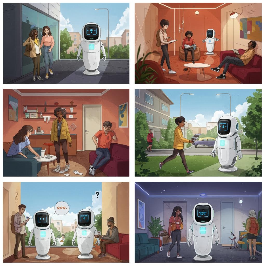 일상 공간에서 로봇과 사람들이 함께 시간을 보내며 감정 반응과 소통 패턴을 다양한 장면으로 표현한 구성