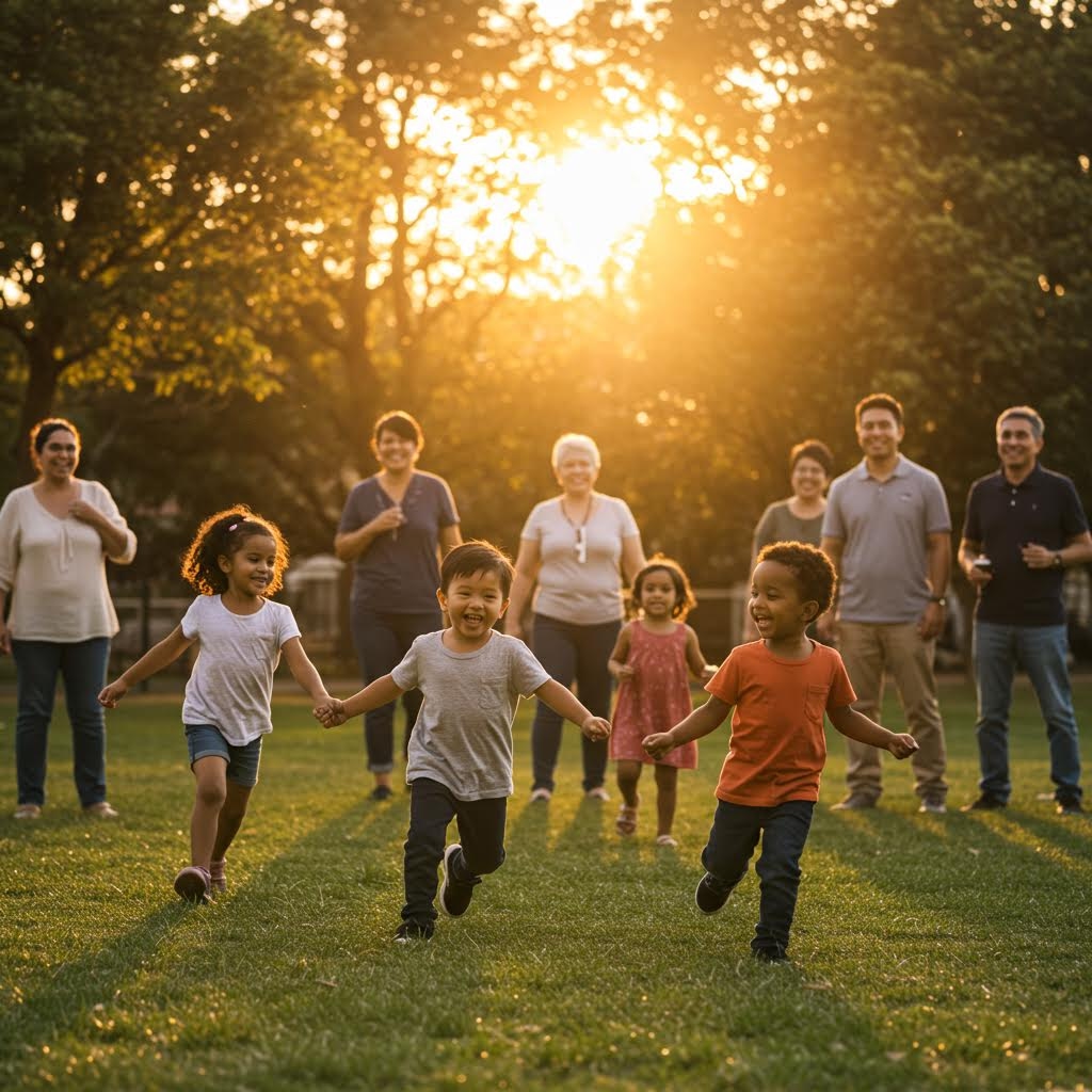 따뜻한 햇빛이 비추는 공원에서 아이들이 손을 잡고 잔디 위를 힘차게 달리며 뒤쪽에 선 어른들의 미소가 자연스럽게 이어지는 흐름
