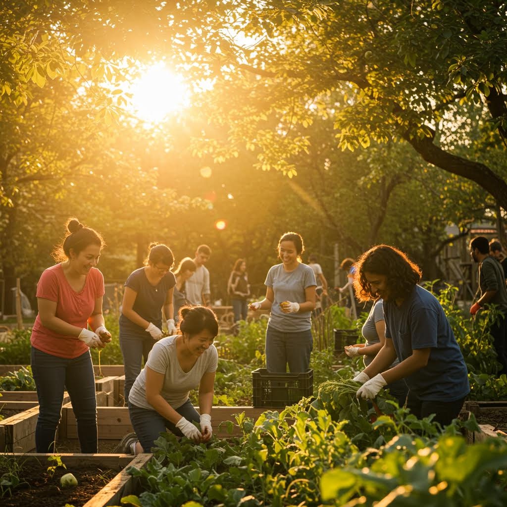 따스한 햇빛 아래 여러 사람이 텃밭에서 식물을 돌보고 함께 작업하는 평온한 공동체 활동의 순간
