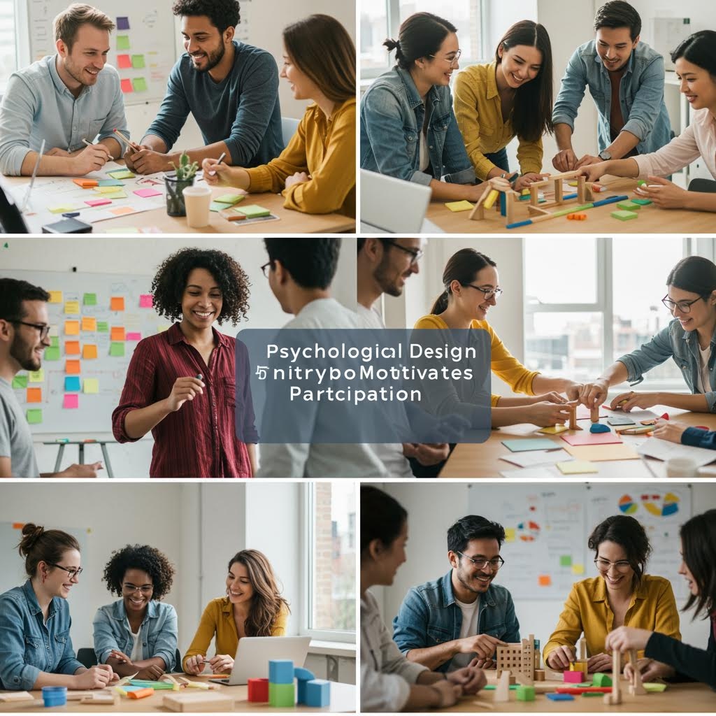 그림 카드와 도구를 활용해 의견을 정리하는 참여자들이 협업 과정에서 심리적 참여 흐름을 형성하는 모습