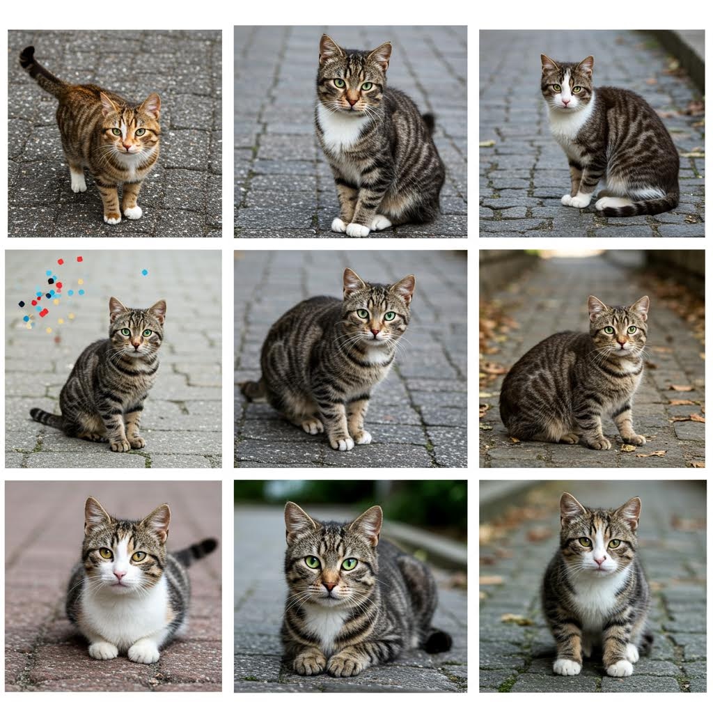 회색 바닥 위에 여러 자세로 앉아 있는 고양이들이 각각 다른 표정과 구도로 배열되어 자연스러운 흐름을 이루는 장면