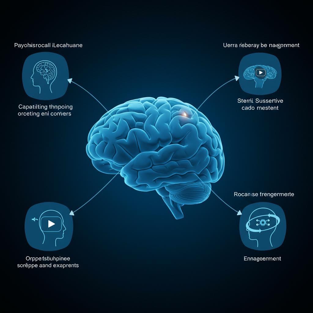 어두운 배경 중앙에 푸른 빛으로 표현된 입체적인 뇌가 자리하고, 뇌의 주변 네 방향에 각기 다른 아이콘이 화살표로 연결되어 있으며, 뇌 기능이나 반응과 관련된 설명 텍스트가 배치된 과학적 구조의 인포그래픽