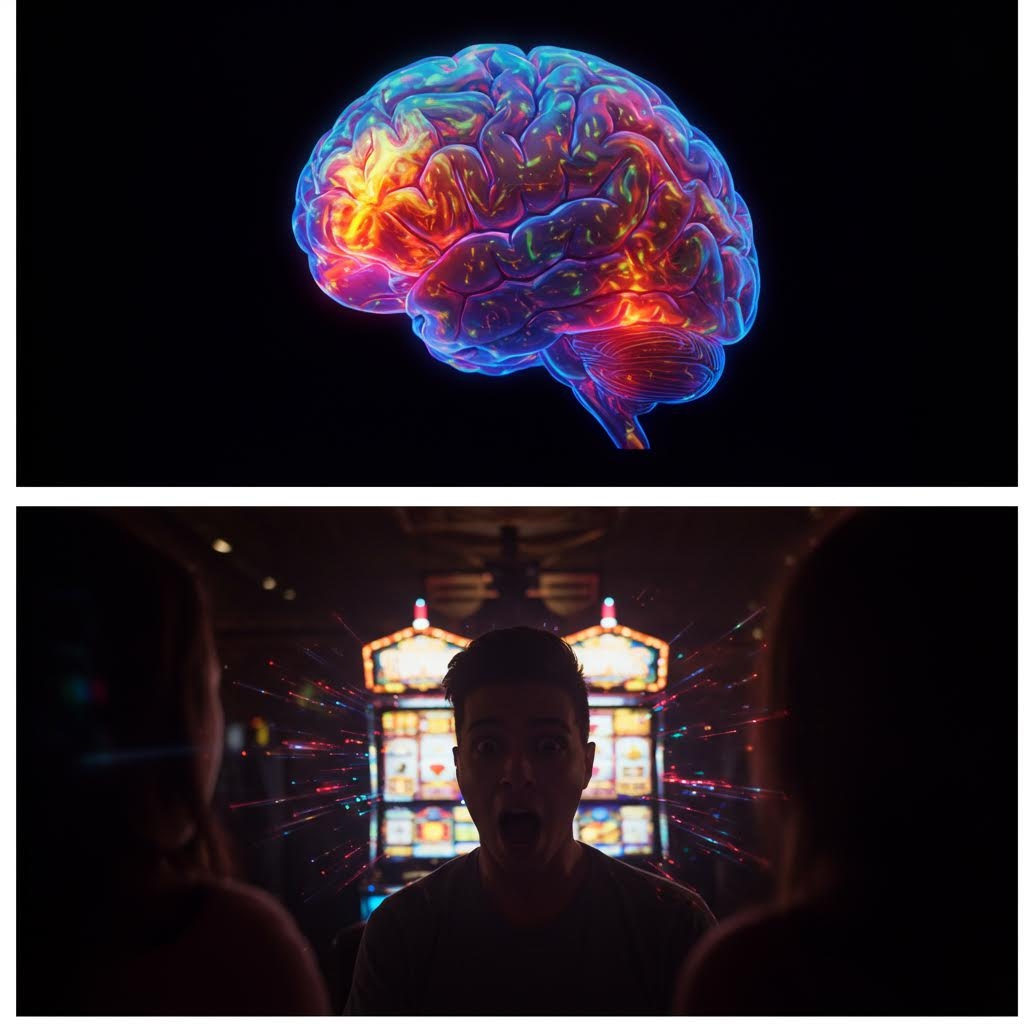 윗부분에는 어두운 배경 위로 보라·주황·파랑 등 선명한 빛이 얽혀 있는 뇌가 떠 있고, 아래에는 슬롯머신 불빛을 등지고 서서 커다란 충격표정을 짓는 남성의 얼굴이 중앙에 잡힌 대비적 구성