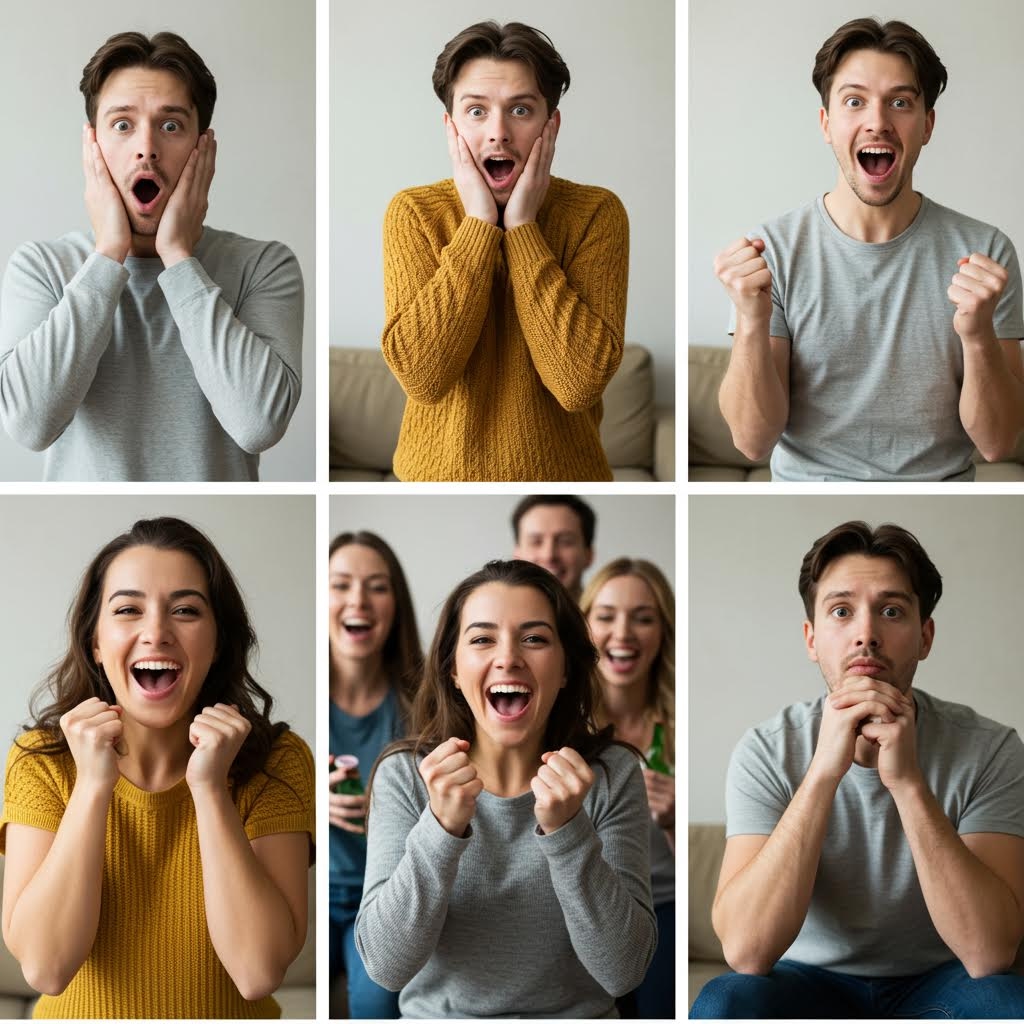 여러 장의 사진이 한 화면에 배열된 구성으로, 남성과 여성이 각각 놀람, 환희, 기대, 긴장 등의 감정을 얼굴 전체로 표현하며 두 손을 움켜쥐거나 입을 벌리고 눈을 크게 뜨는 등 표정의 변화가 또렷하게 드러나는 장면들로 구성된 모습