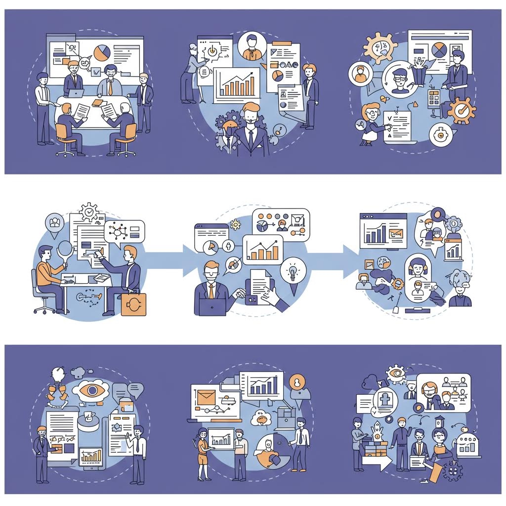 사람들이 회의하는 장면, 그래프를 분석하는 장면, 문서를 정리하는 장면 등이 아이콘과 패널, 차트와 함께 원형·화살표 구조로 이어지며 여러 단계의 업무 흐름을 시각적으로 설명하는 일러스트