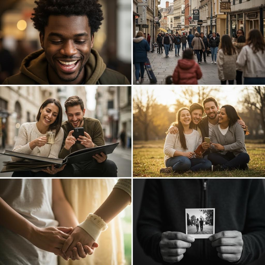 거리와 공원에서 사람들의 미소와 접촉이 이어지며 따뜻한 연결성을 강조한 일련의 교류 장면