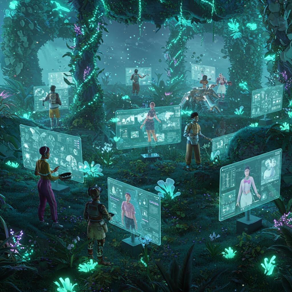푸른 빛이 감도는 밀림 속에서 사람들이 홀로그램 화면을 조작하며 가상 환경을 탐색하는 장면의 흐름