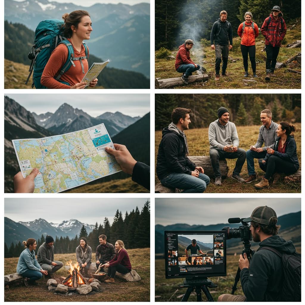 산길과 야외 캠프에서 지도와 장비를 활용해 이동 동선을 조율하며 소규모 팀이 여행 기반 커뮤니티 흐름을 만드는 모습