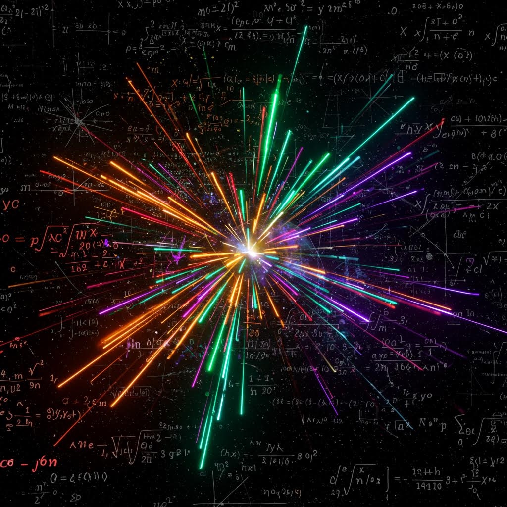 검은 배경 전체에 복잡한 수학 공식이 희미하게 깔려 있고 그 중앙에서 주황, 초록, 보라, 노랑 등의 긴 빛줄기가 사방으로 퍼져나가며 폭발처럼 확산되는 역동적인 추상적 시각 효과