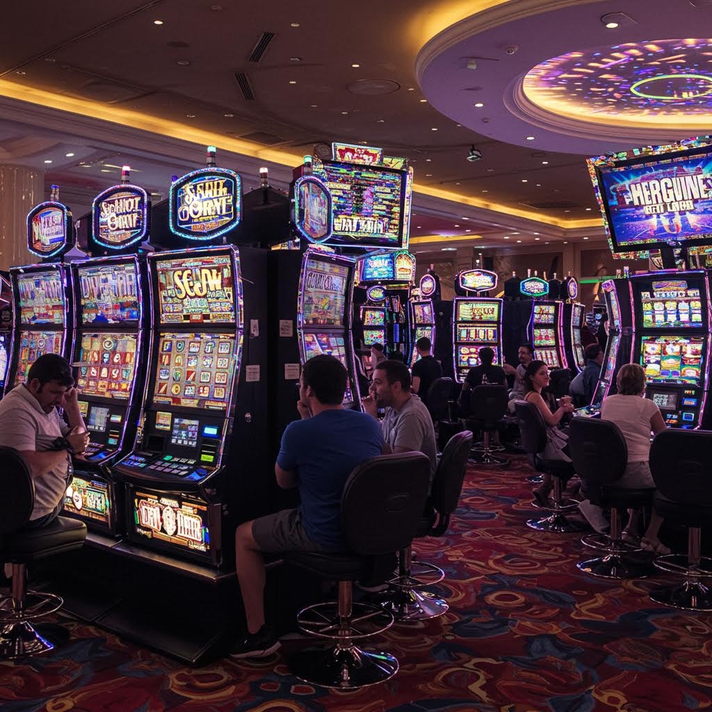 넓은 실내 공간을 가득 채운 여러 대의 슬롯머신 사이에 사람들이 앉아 화면을 바라보며 조용히 게임을 즐기고 있고, 천장에는 둥근 조명이 은은히 비추는 화려한 카지노 내부의 모습