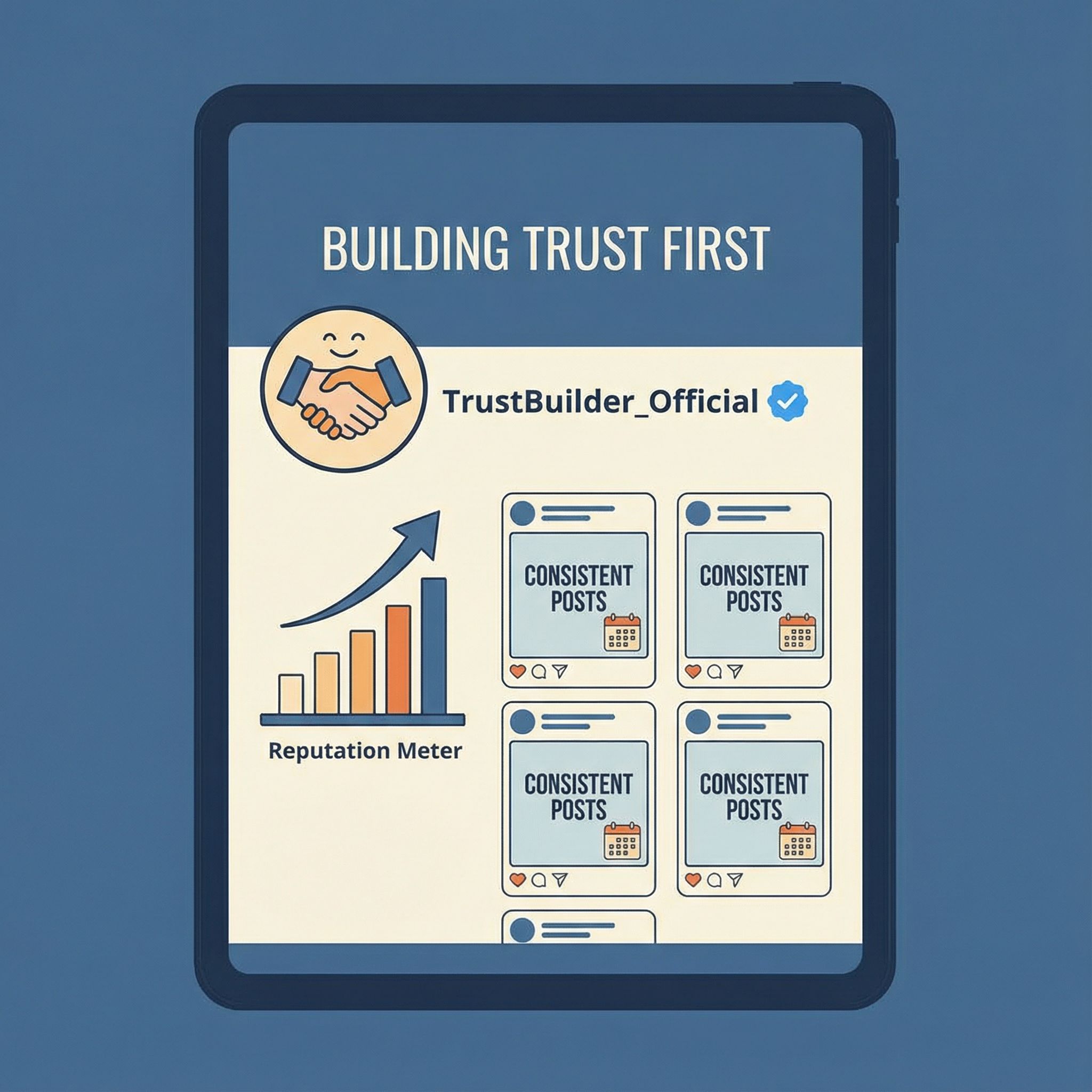 따뜻한 조명 아래 깔끔한 프로필 화면에 인증 배지, 악수 아이콘과 상승 평판 막대가 있는 모습이다