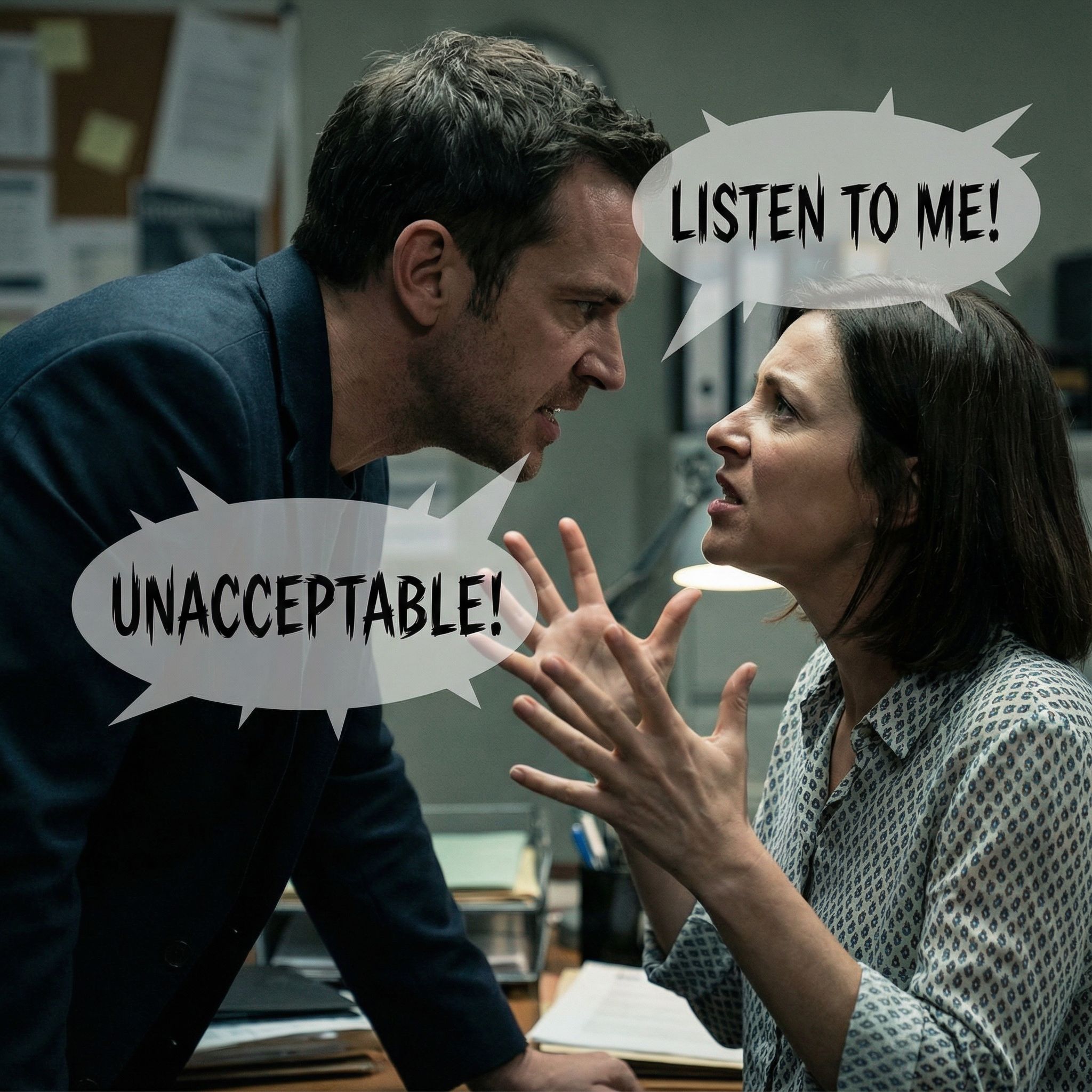 어두운 방에서 두 사람이 얼굴을 맞대고 다투며 날카로운 말풍선과 긴장한 표정을 보이는 모습이다