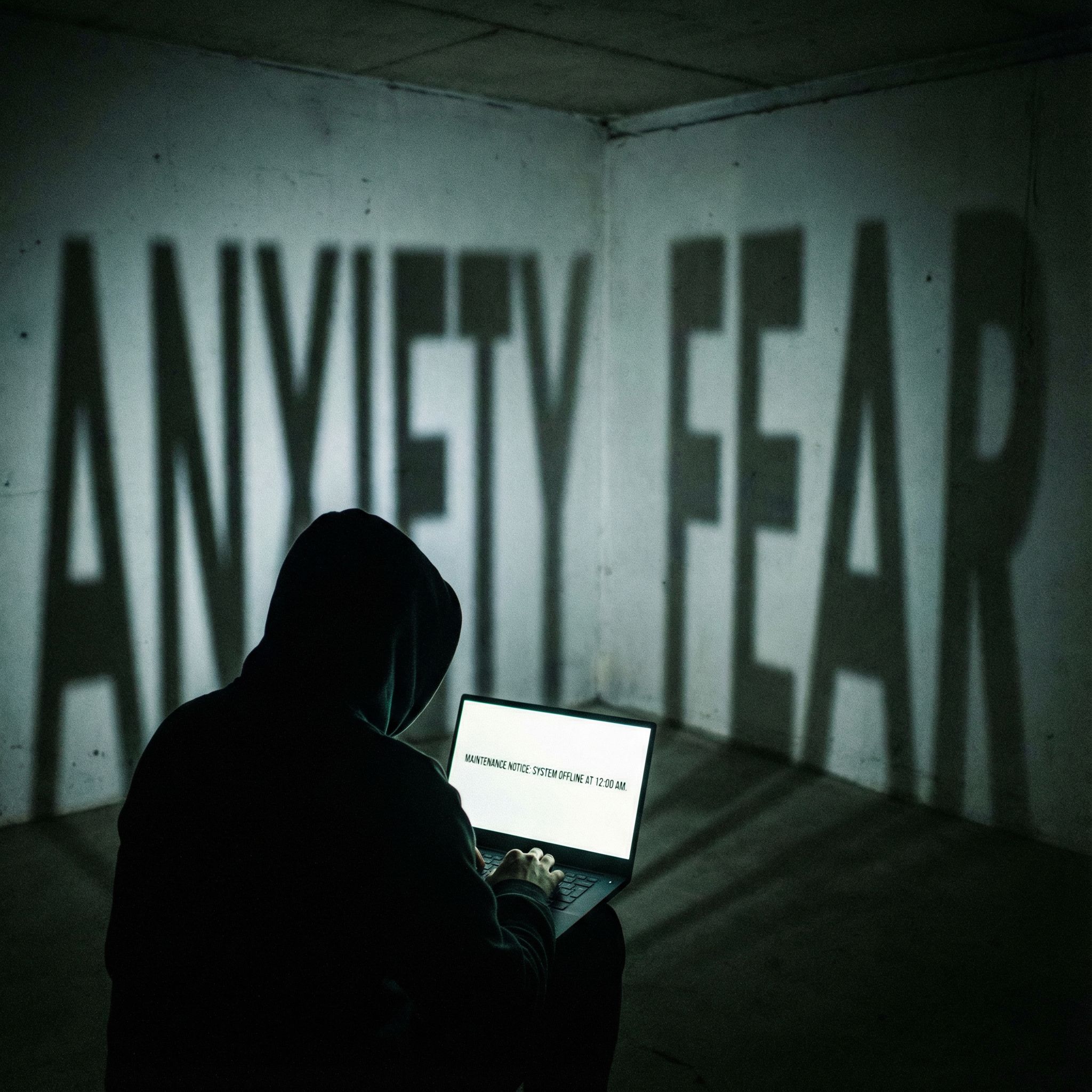 밝은 화면의 한 줄 점검 공지를 응시하는 인물, 거대한 그림자가 드리운 어두운 미니멀 장면이다
