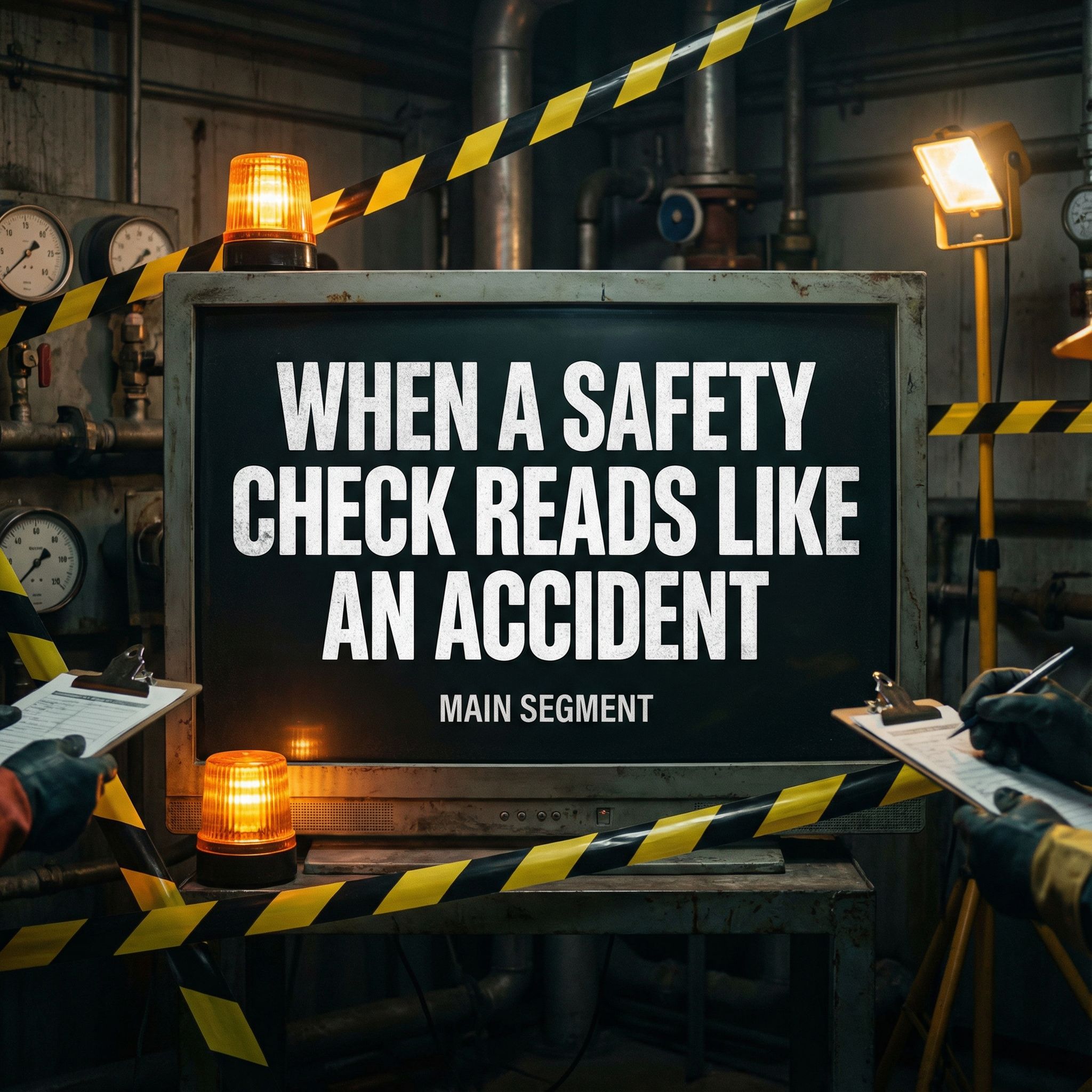 경고등 붉게 번쩍이는 공장 점검 현장에 노란 위험띠와 굵은 제목이 긴장감을 주는 모습이다