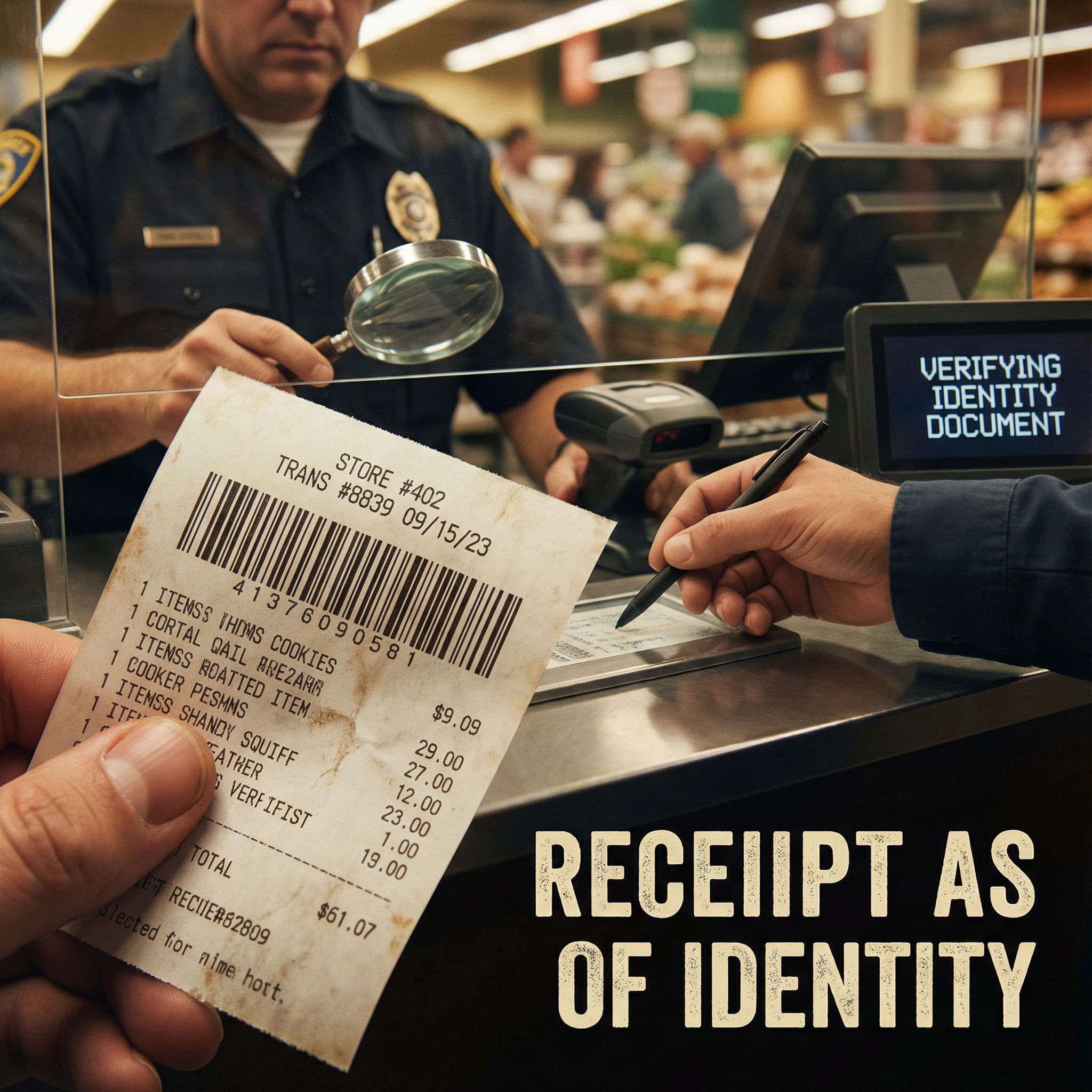 카운터에서 신분증처럼 영수증을 들고, 점원이 바코드 근접 확인하는 모습이다