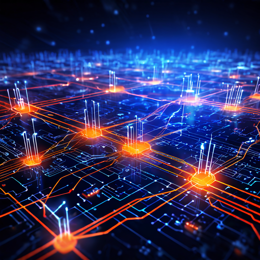 중앙 허브에서 푸른 빛 노드와 선이 퍼지고 데이터 흐름이 뻗는 디지털 화면 모습이다