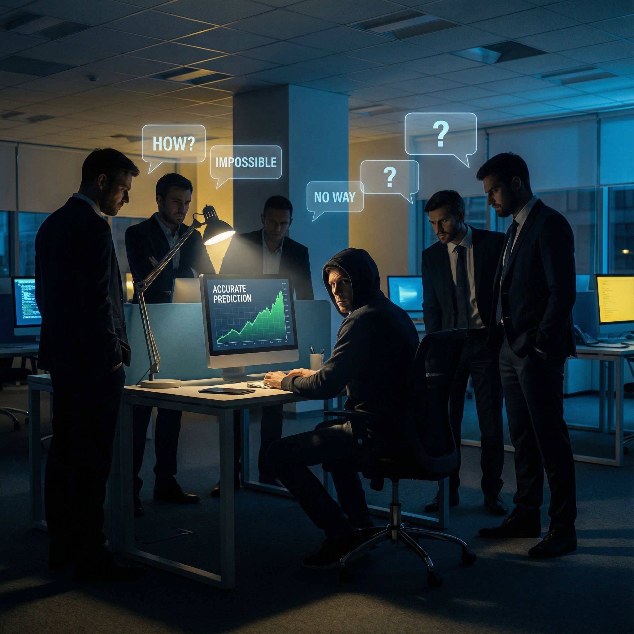 어두운 사무실, 화면에 예측결과 올린 트레이더와 주변의 의심 눈빛 말풍선 모습이다