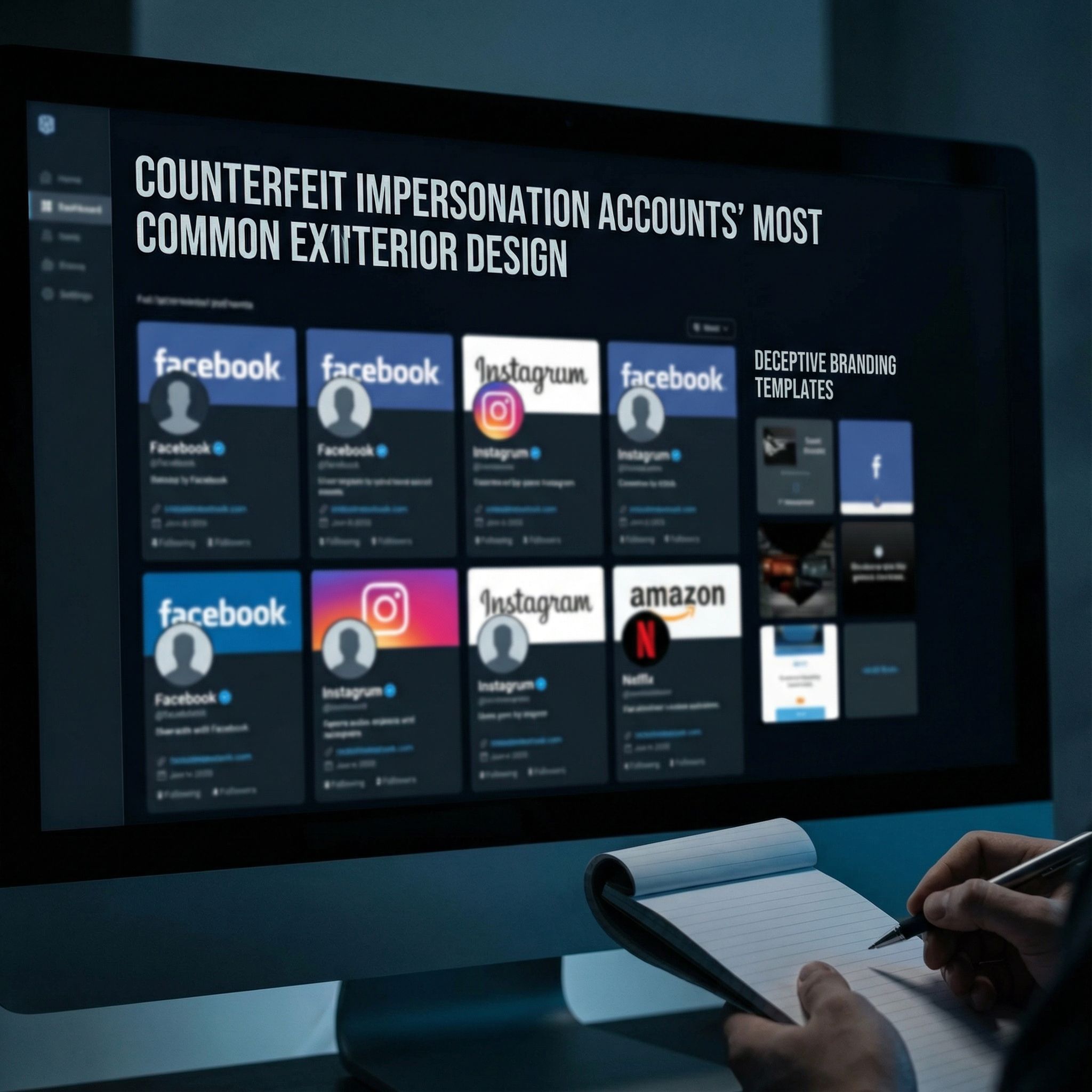 어두운 대시보드에 가짜 프로필과 일반 아바타, 복제 로고가 배열된 모습이다