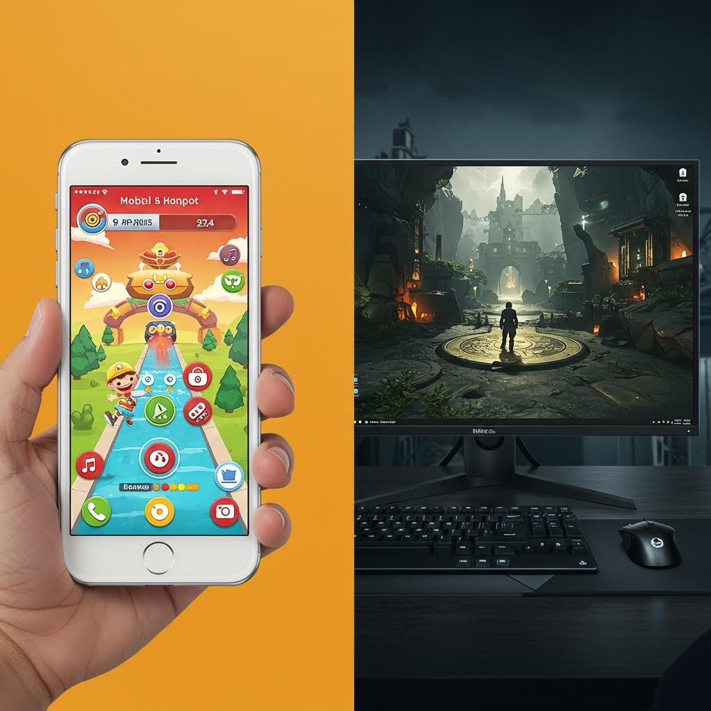 밝은 배경 속 손에 든 스마트폰 화면에 캐릭터와 아이콘들로 구성된 경쾌한 게임 인터페이스가 펼쳐지는 모습