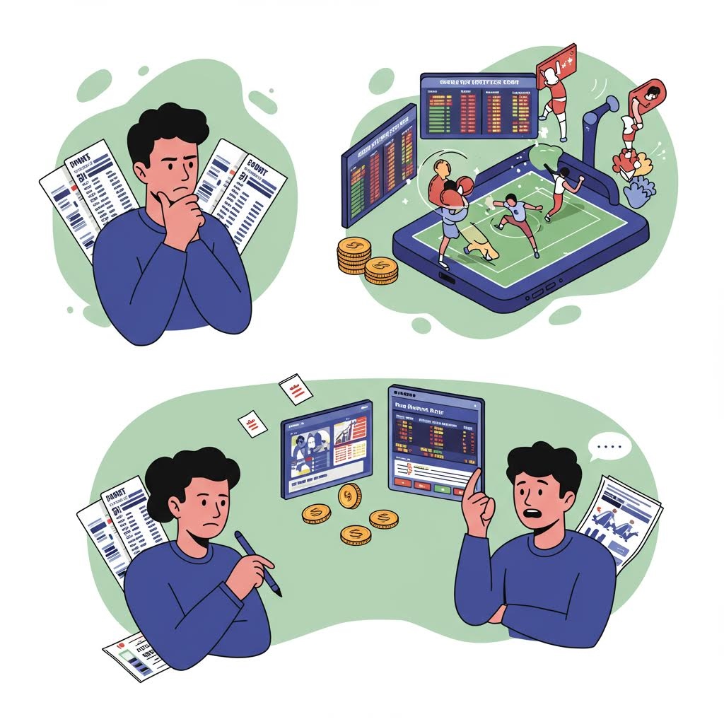 두 사람이 화면의 수치와 자료를 두고 의견을 나누며 결과를 예측하려는 상황을 표현한 구성